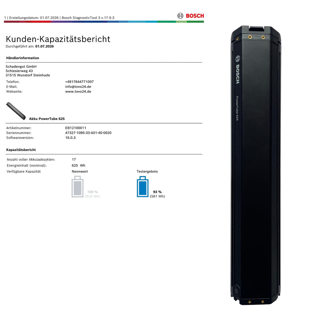 Bosch PowerTube 625 – SMART SYSTEM - Energieinhalt (aktuell):  93% -  horizontal