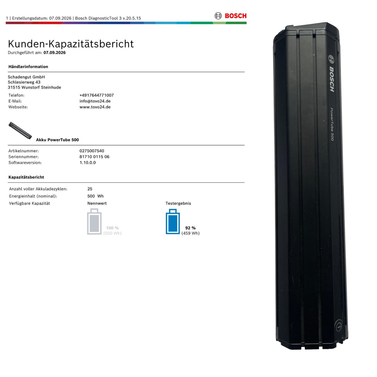 Bosch Powertube 500 - Energieinhalt (aktuell) 92% - vertikal - gebraucht
