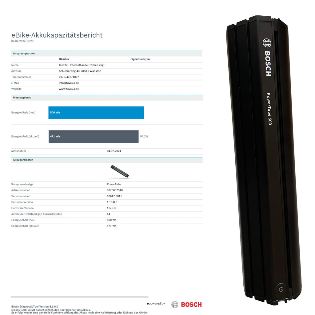 Bosch Powertube 500 - Energieinhalt (aktuell) 94,2% -  vertikal
