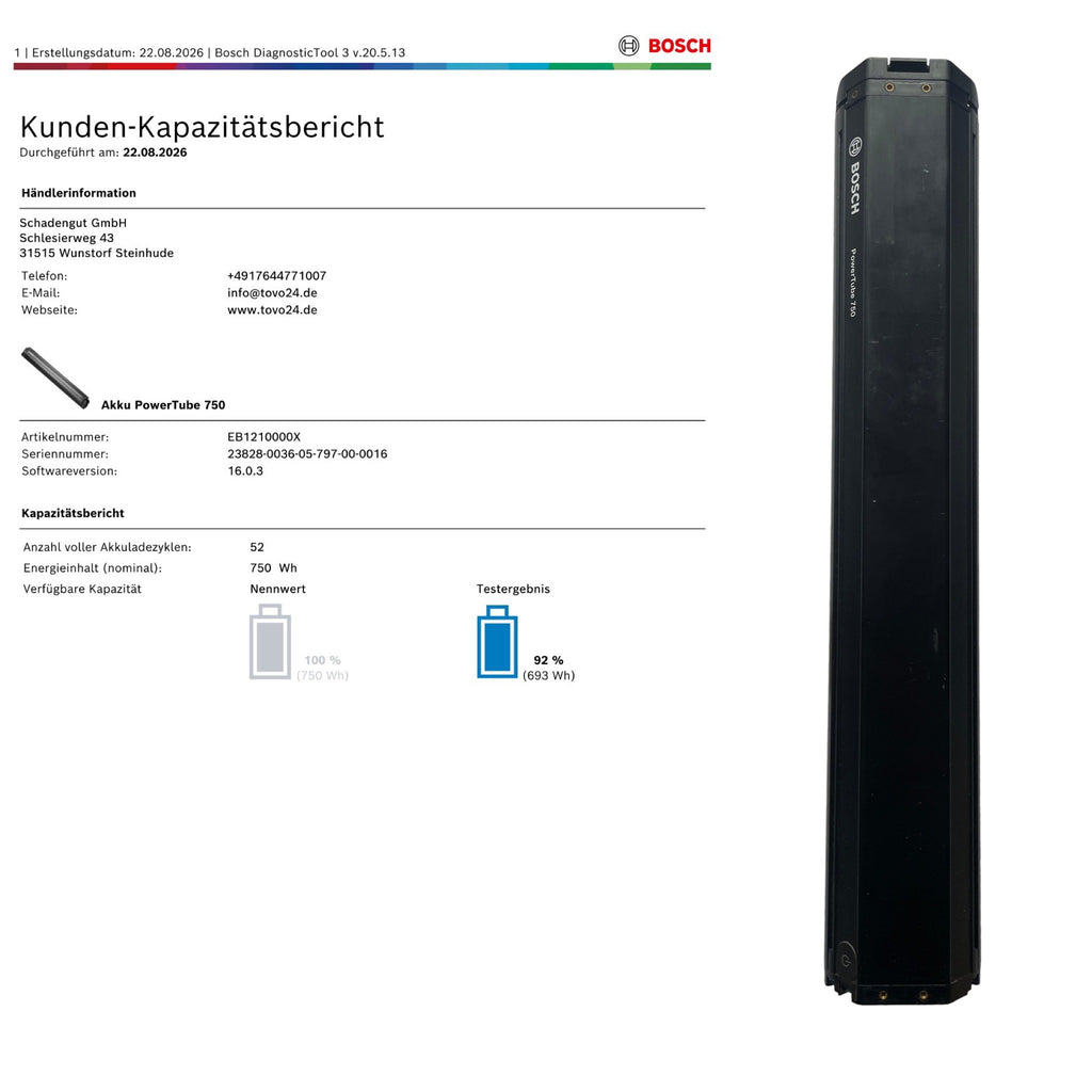 Bosch Powertube 750 - SMART SYSTEM - Energieinhalt (aktuell): 92% -  horizontal - gebraucht