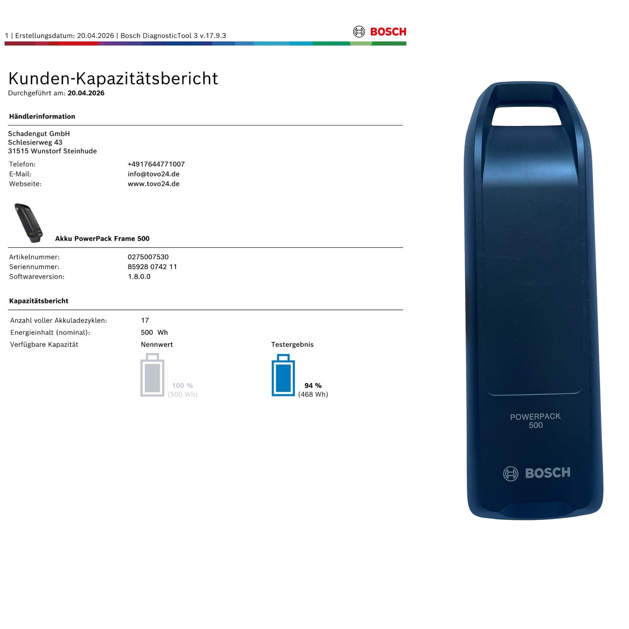 Bosch Powerpack 500 Rahmenakku - Energieinhalt (aktuell) 94%