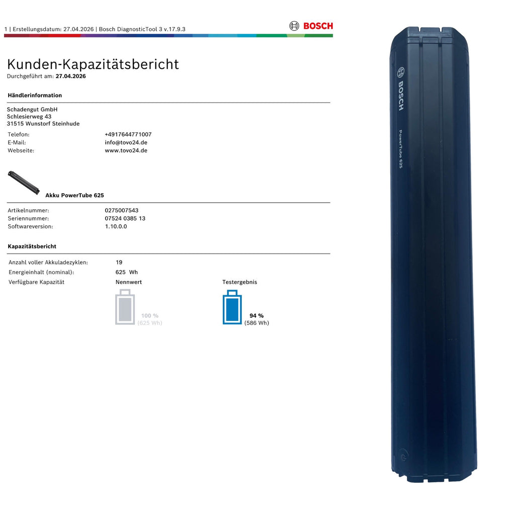 Bosch Powertube 625 - Energieinhalt (aktuell): 94% -  horizontal