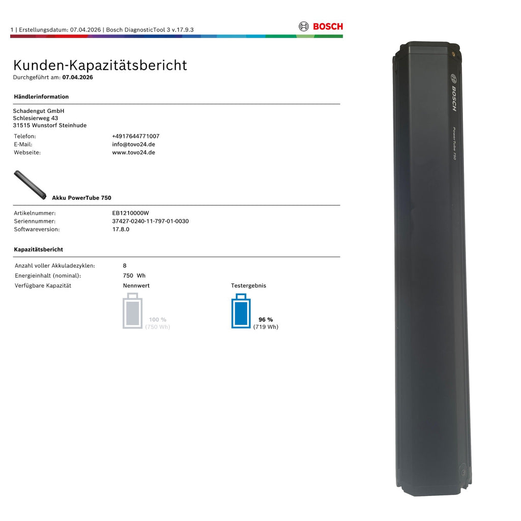 Bosch Powertube 750 - SMART SYSTEM - Energieinhalt (aktuell):  96% -  vertikal