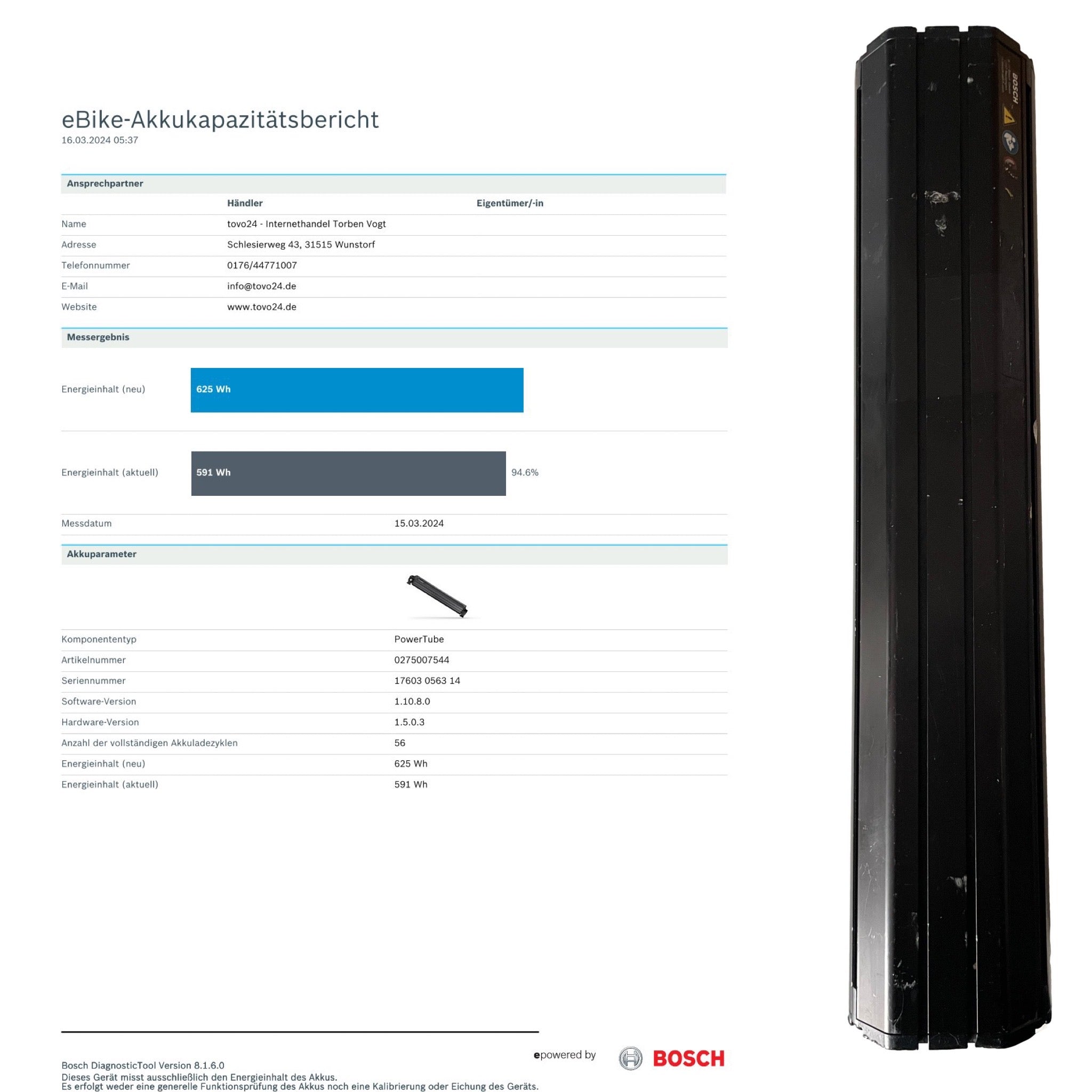 Bosch Powertube 625 - Energieinhalt (aktuell) 94.6% -  vertikal