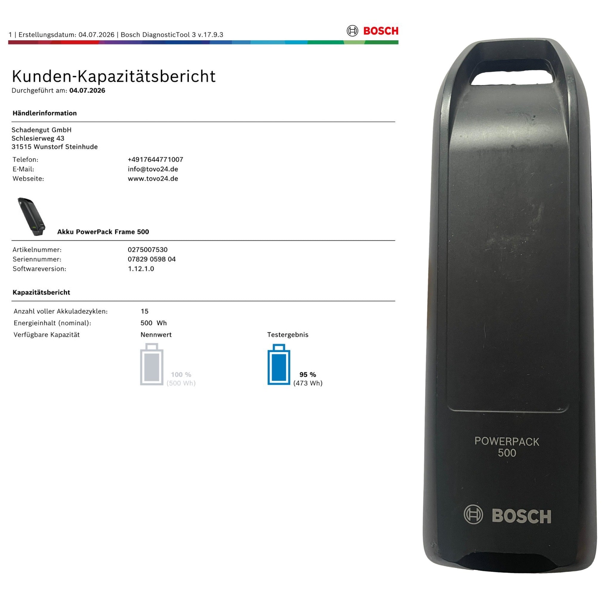 Bosch Powerpack 500 Rahmenakku zum Aufstecken - Energieinhalt (aktuell) 95% mit Bosch Prüfbericht