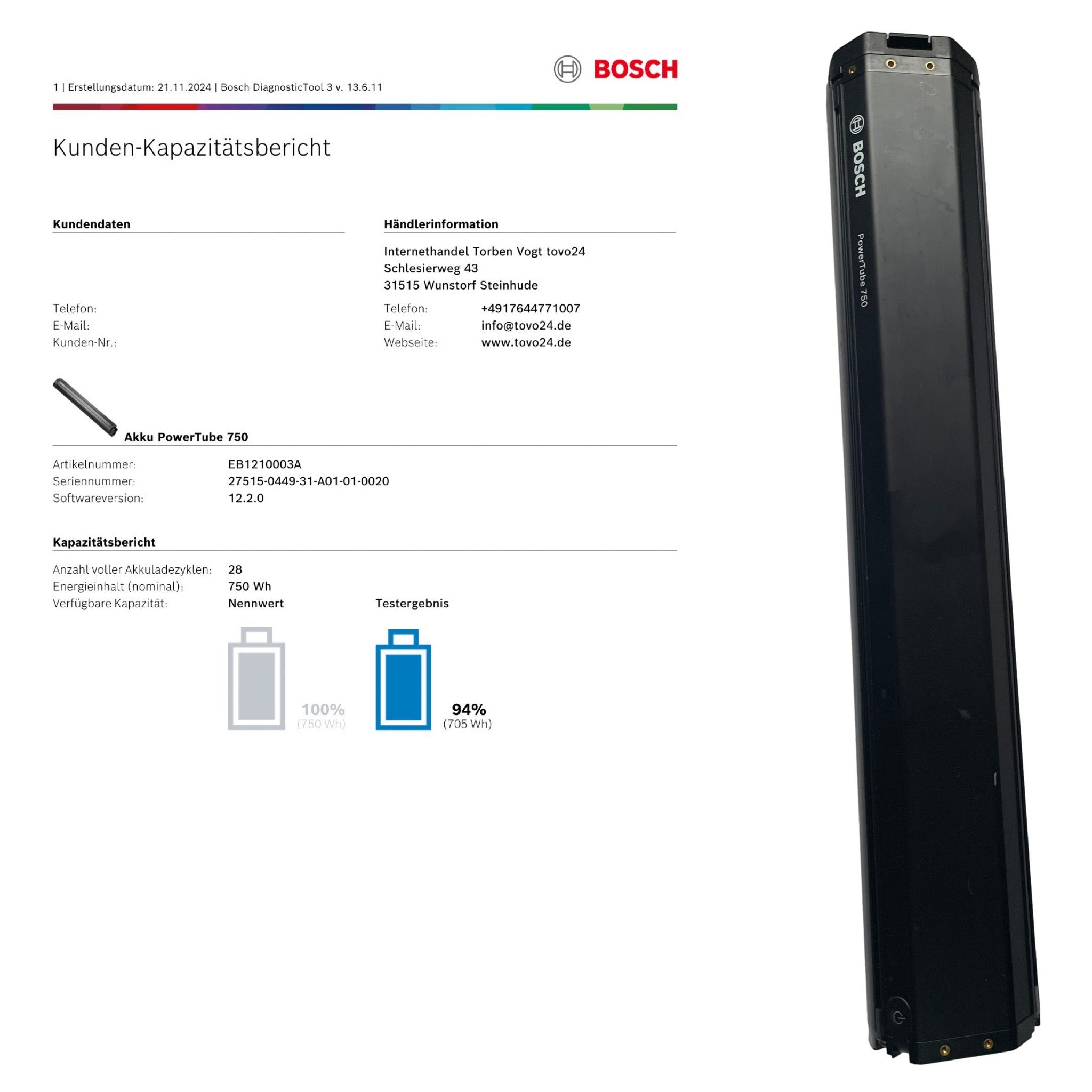 Bosch Powertube 750 - SMART SYSTEM - Energieinhalt (aktuell): 94% -  horizontal