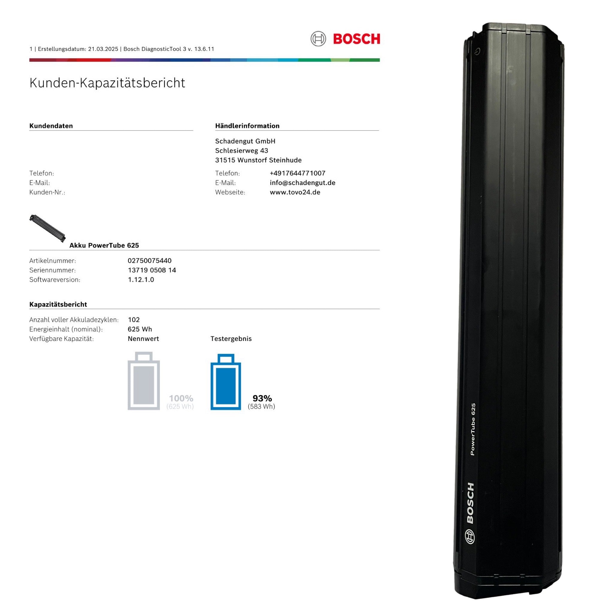 Bosch Powertube 625 - Energieinhalt (aktuell) 93% -  vertikal