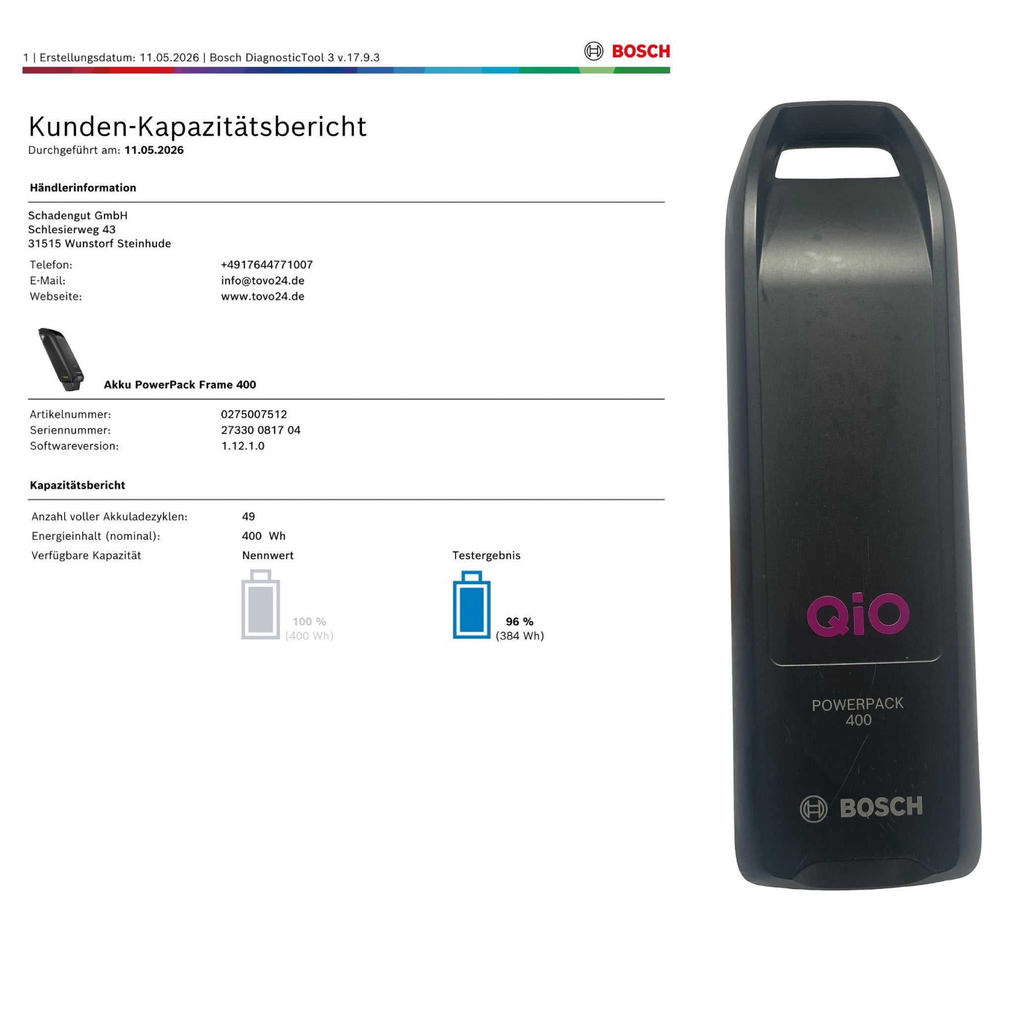 Bosch Powerpack 400 Rahmenakku - Energieinhalt (aktuell) 96%