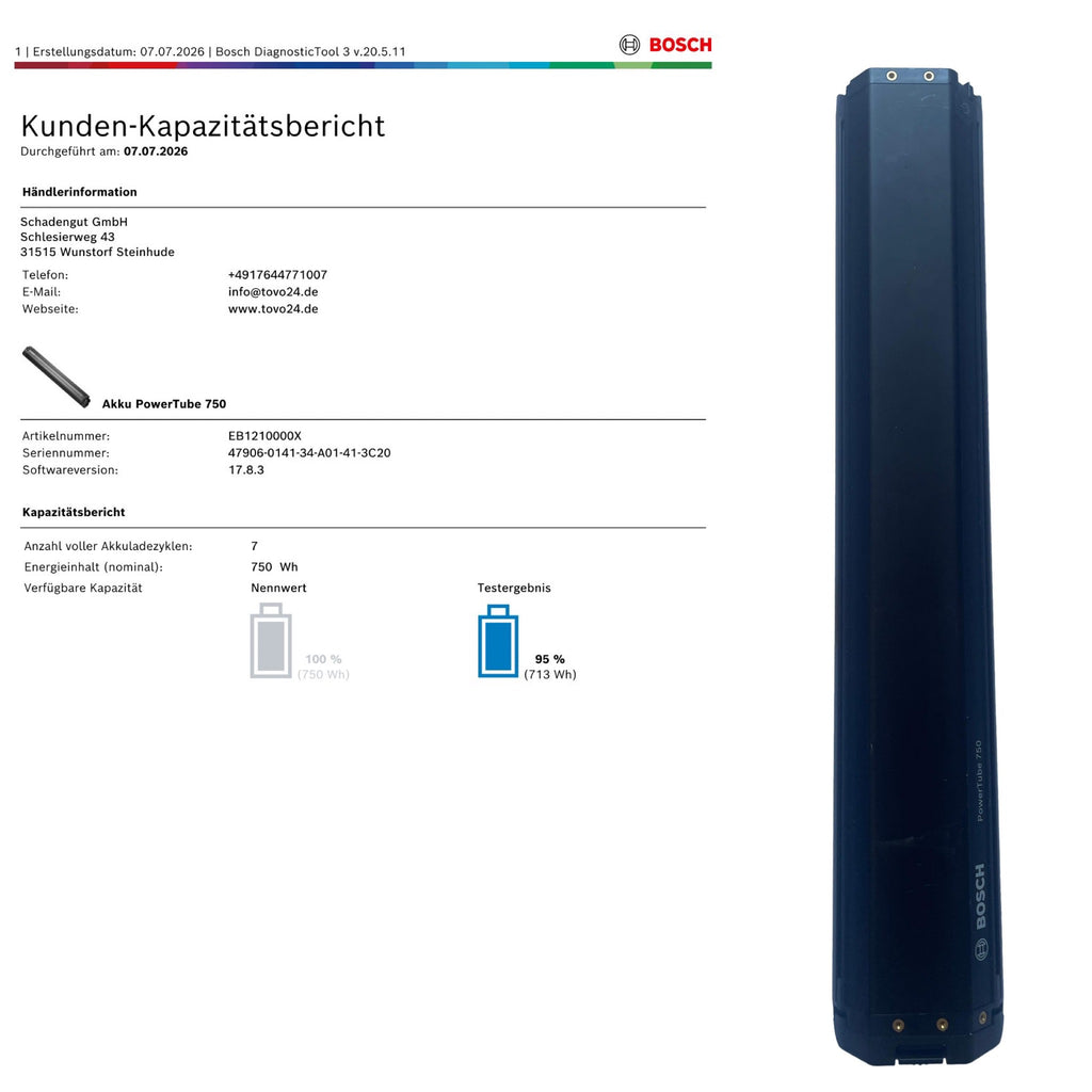 Bosch Powertube 750 - SMART SYSTEM - Energieinhalt (aktuell): 95% -  horizontal