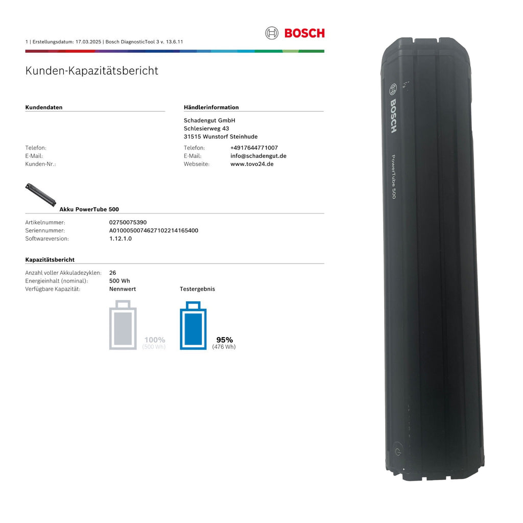 Bosch Powertube 500 - Energieinhalt (aktuell) 95% -  horizontal