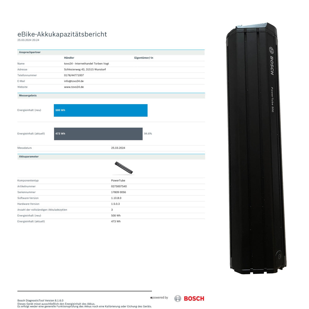 Bosch Powertube 500 - Energieinhalt (aktuell) 94.6% -  vertikal