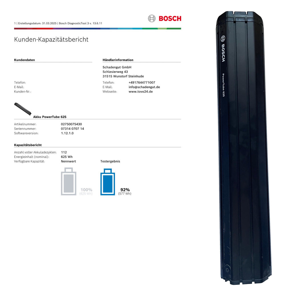 Bosch Powertube 625 - Energieinhalt (aktuell) 92% -  horizontal