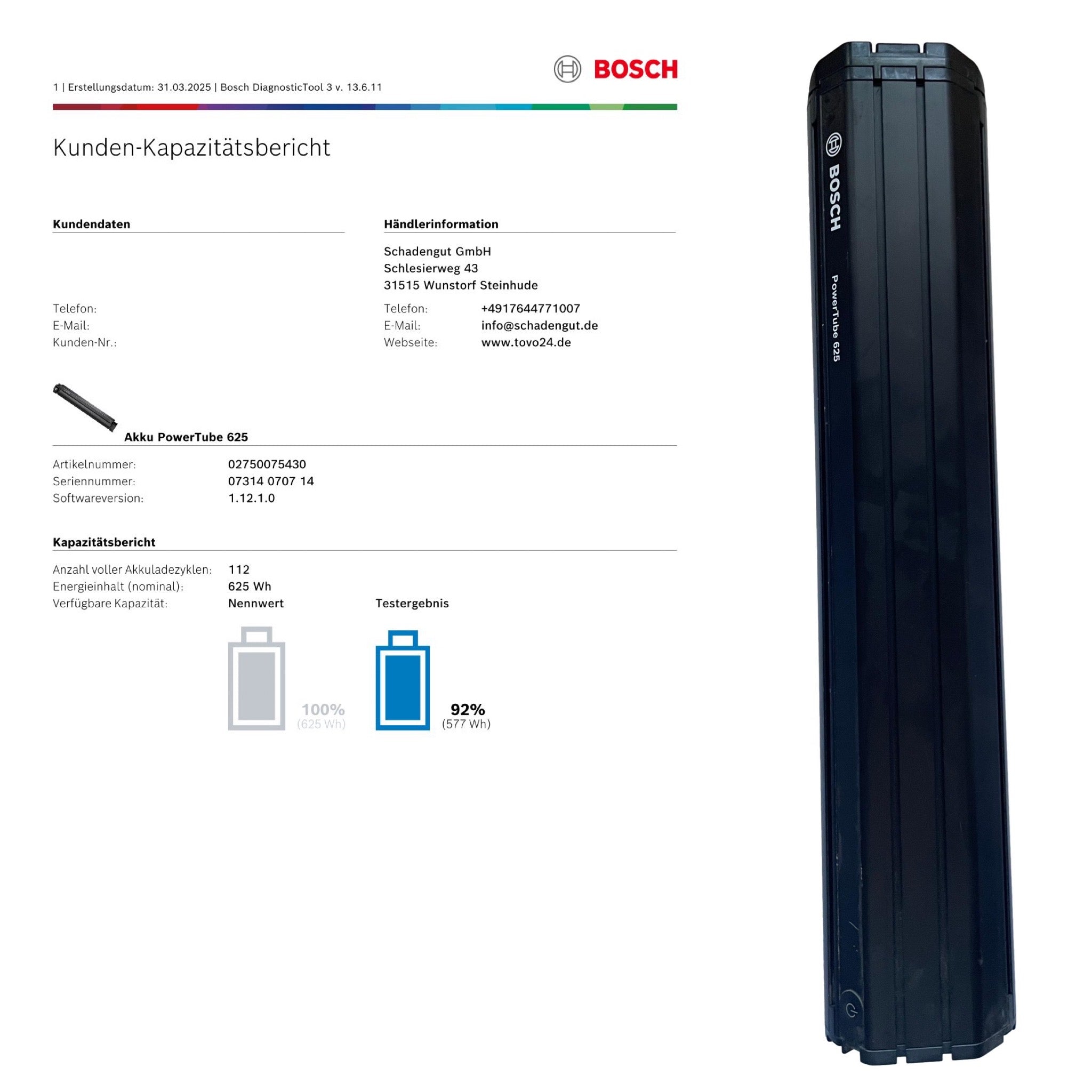 Bosch Powertube 625 - Energieinhalt (aktuell) 92% -  horizontal