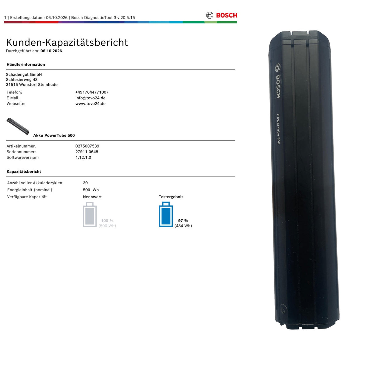 Bosch Powertube 500 - Energieinhalt (aktuell): 97% -  horizontal - gebraucht