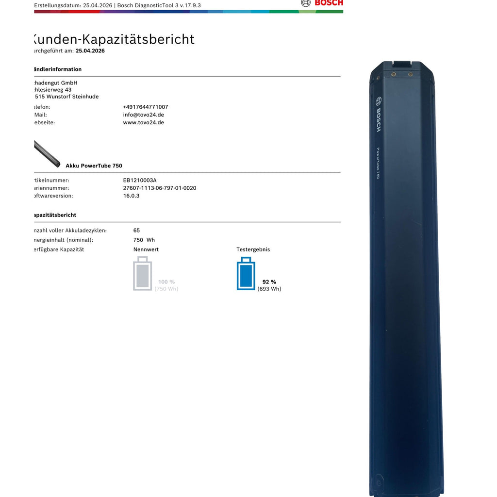 Bosch Powertube 750 - SMART SYSTEM - Energieinhalt (aktuell): 92% -  horizontal