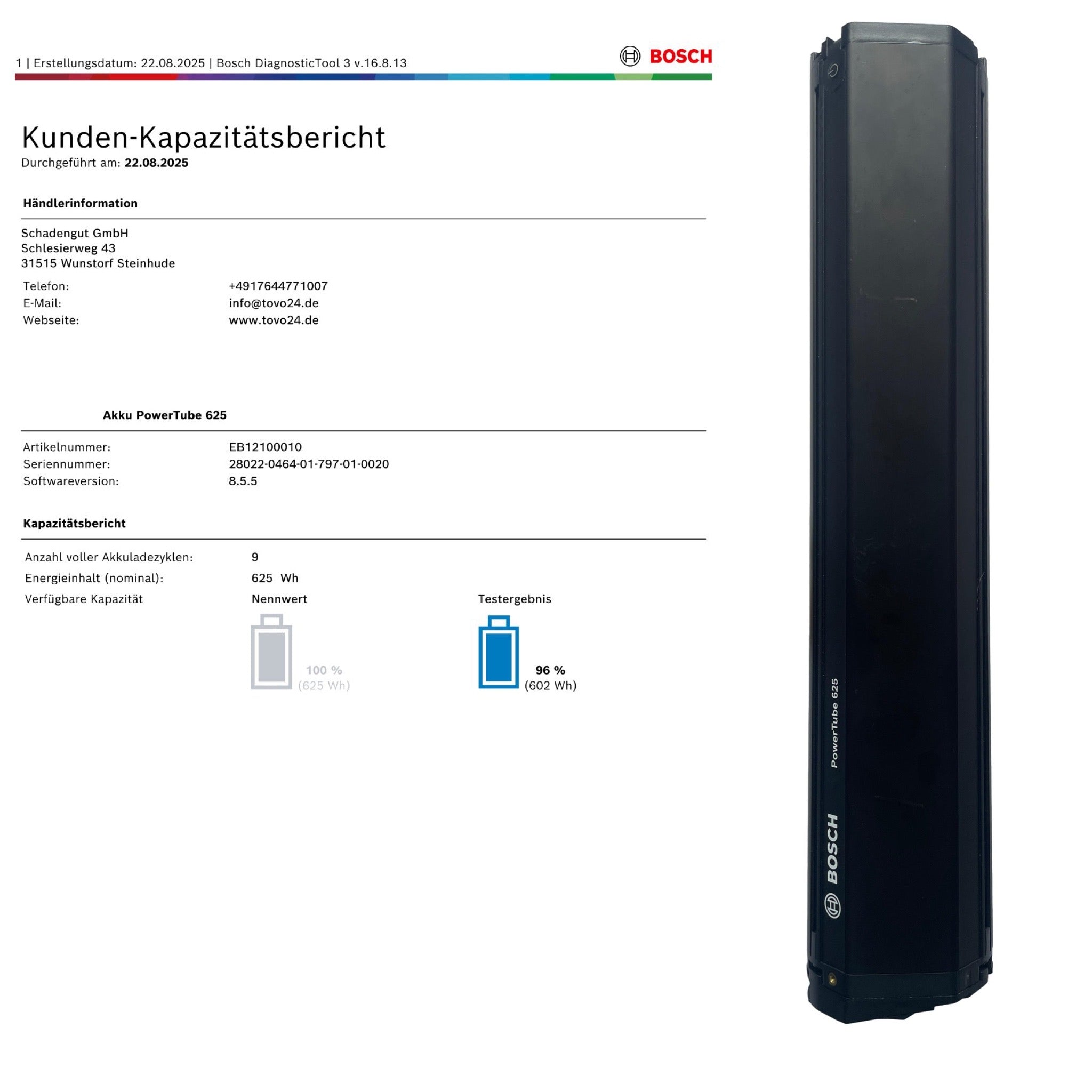 Bosch Powertube 625 - SMART SYSTEM - Energieinhalt (aktuell): 96% -  vertikal