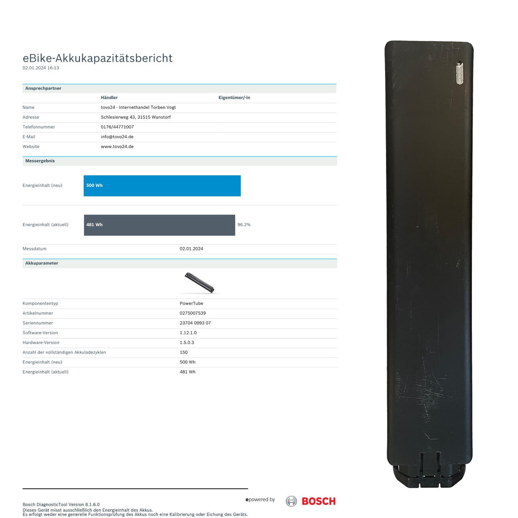 Bosch Powertube 500 - Energieinhalt (aktuell) 96,2% -  horizontal