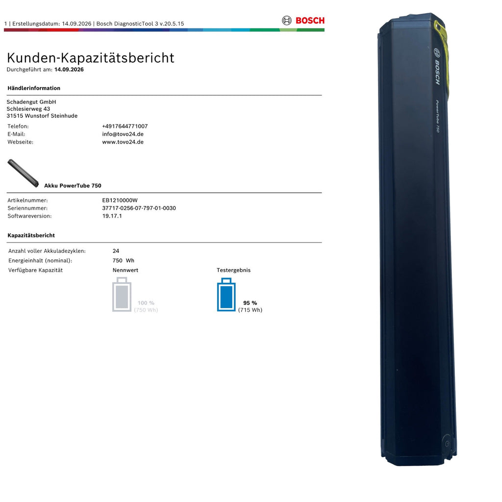 Bosch Powertube 750 - SMART SYSTEM - Energieinhalt (aktuell):  95% -  vertikal - gebraucht