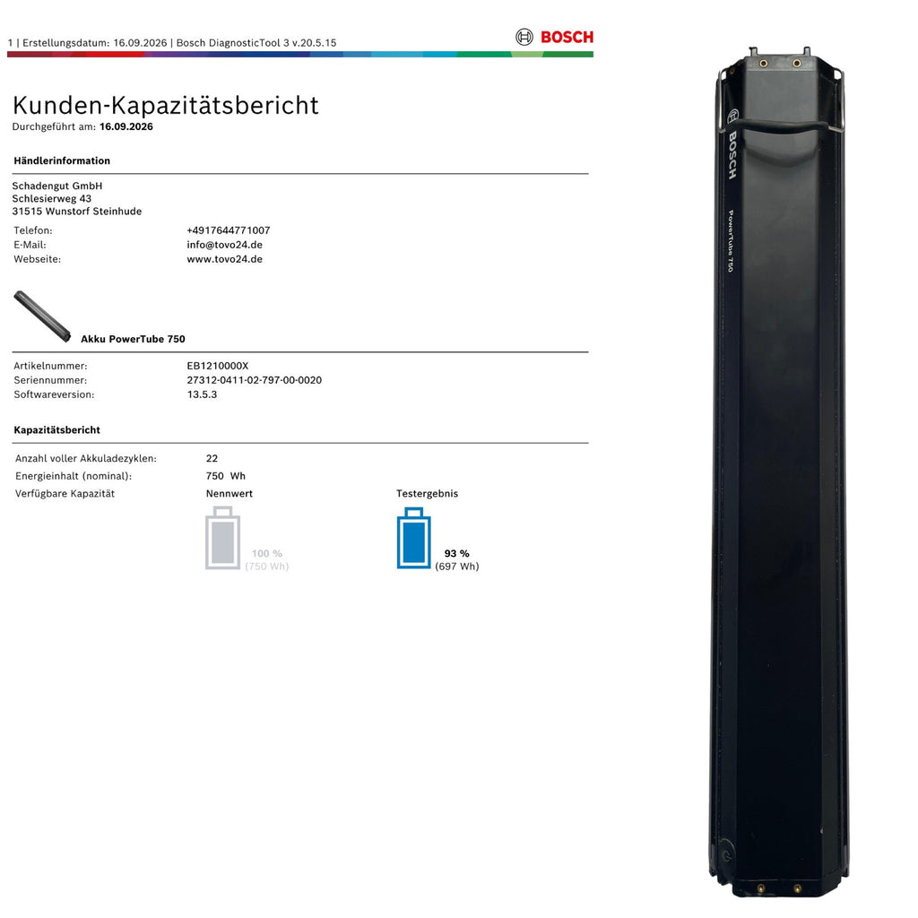 Bosch Powertube 750 - SMART SYSTEM - Energieinhalt (aktuell): 93% -  horizontal - gebraucht