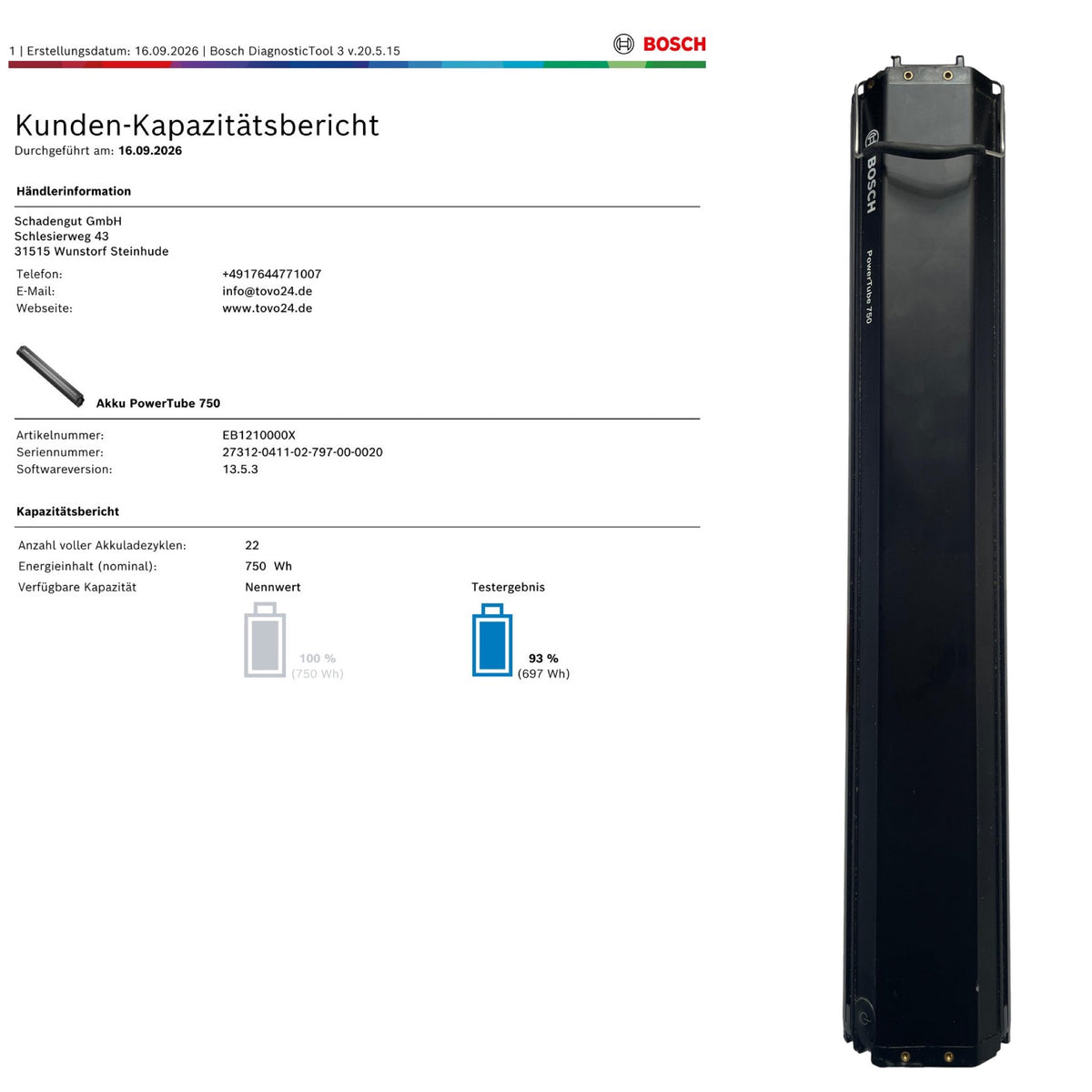 Bosch Powertube 750 - SMART SYSTEM - Energieinhalt (aktuell): 93% -  horizontal - gebraucht