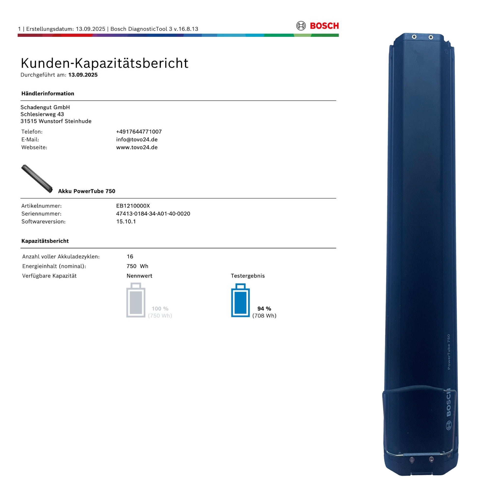 Bosch Powertube 750 - SMART SYSTEM - Energieinhalt (aktuell): 98% -  horizontal