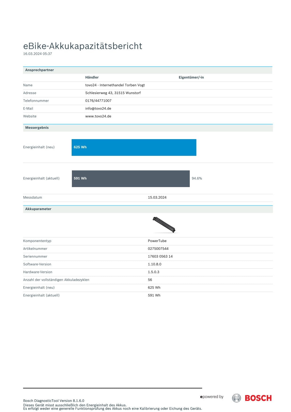 Bosch Powertube 625 - Energieinhalt (aktuell) 94.6% -  vertikal