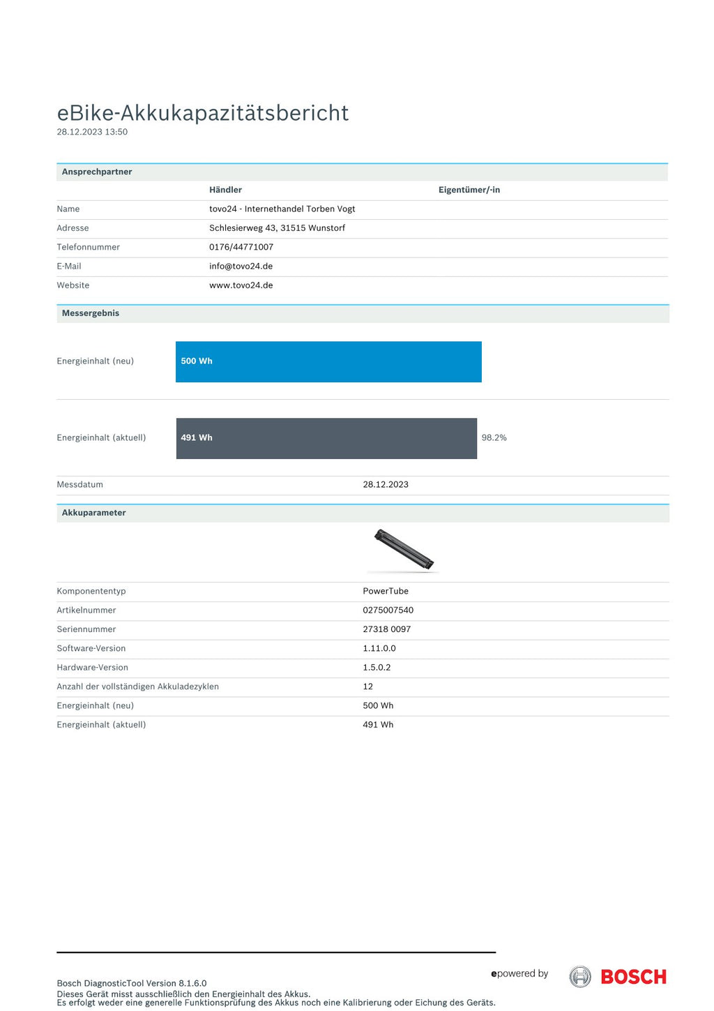 Bosch Powertube 500 - Energieinhalt (aktuell) 98,2% - vertikal