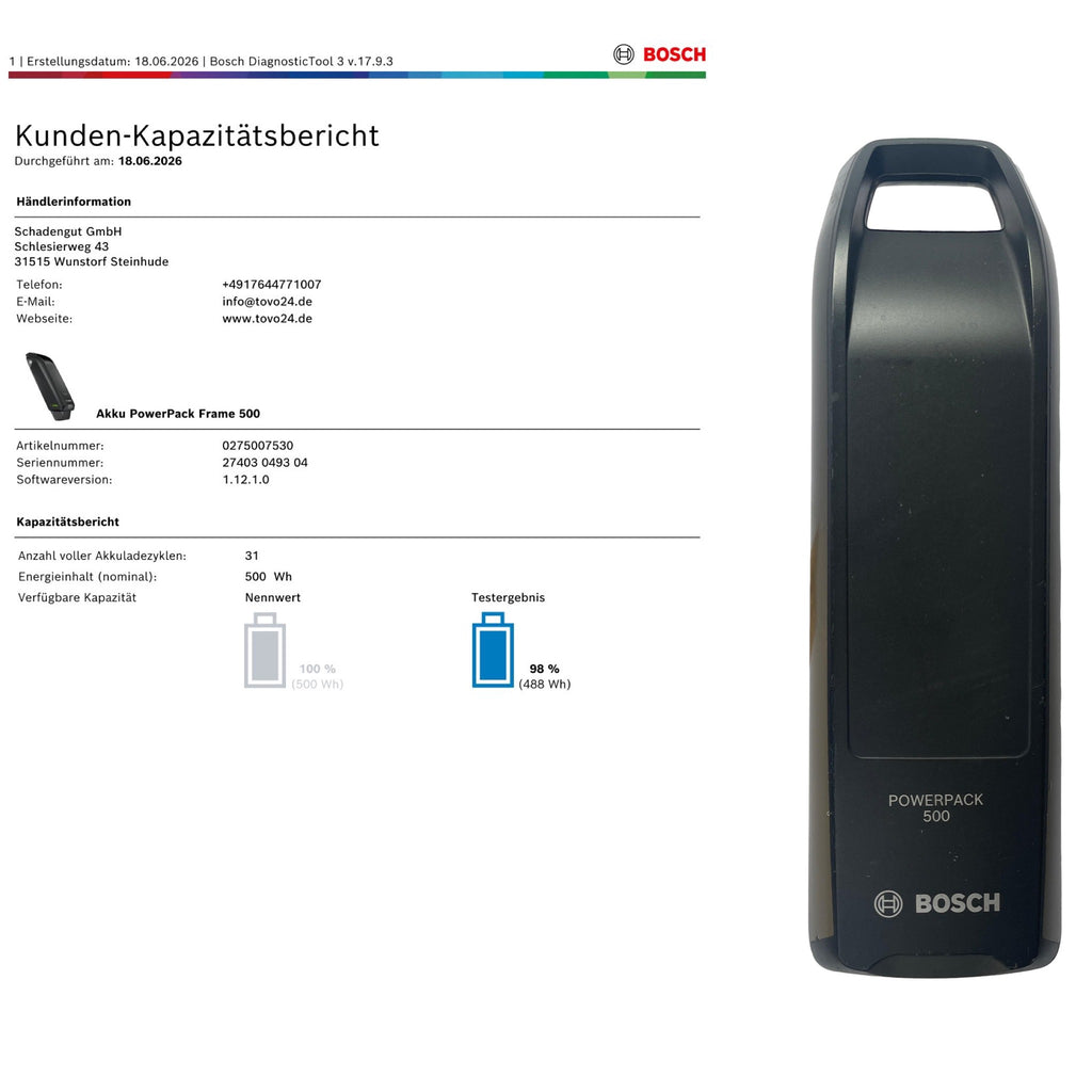 Bosch Powerpack 500 Rahmenakku - Energieinhalt (aktuell) 98%