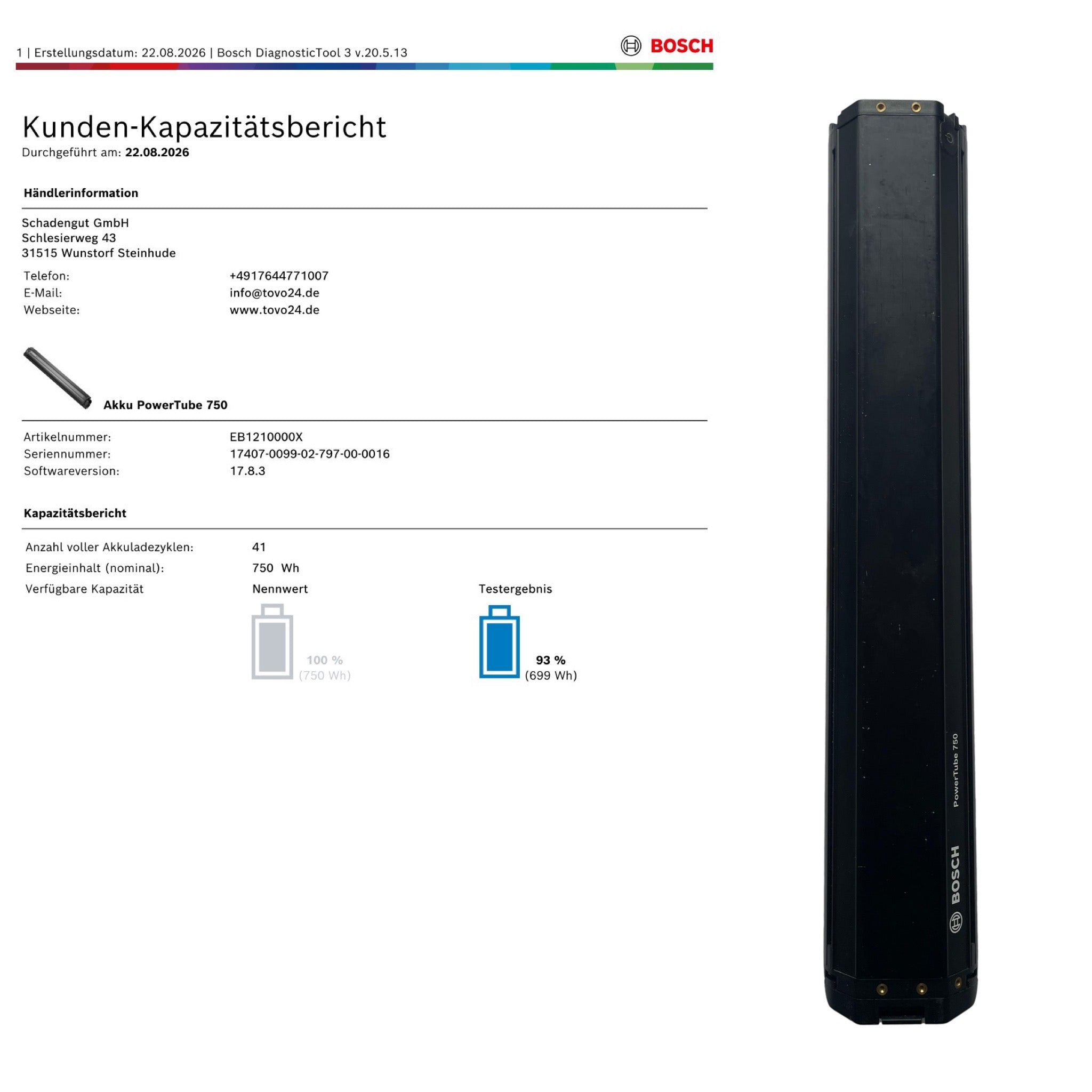 Bosch Powertube 750 - SMART SYSTEM - Energieinhalt (aktuell): 93% -  horizontal - gebraucht