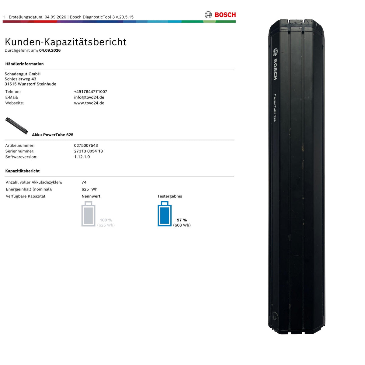 Bosch Powertube 625 - Energieinhalt (aktuell): 97% -  horizontal - gebraucht