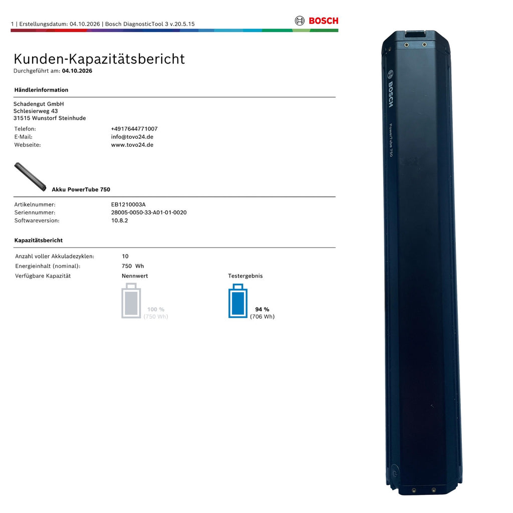 Bosch Powertube 750 - SMART SYSTEM - Energieinhalt (aktuell): 94% -  horizontal - gebraucht