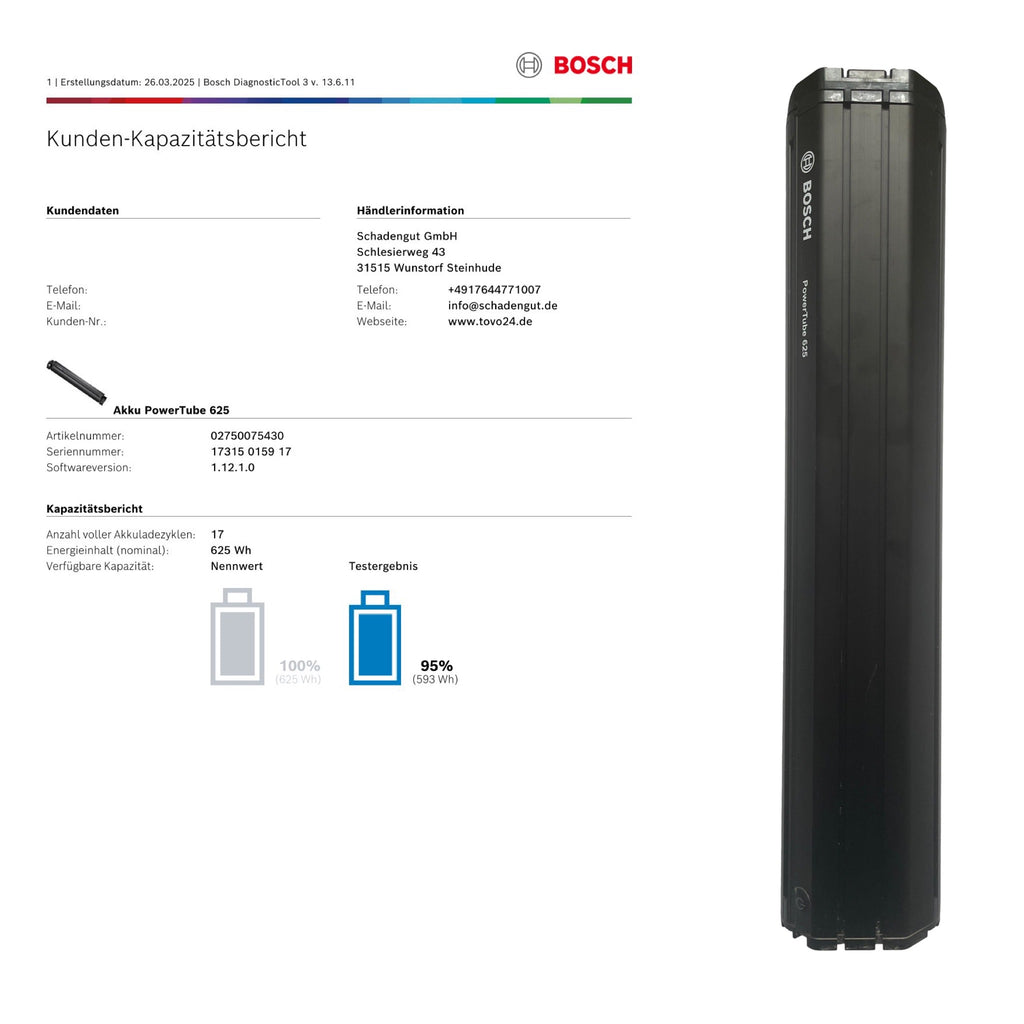 Bosch Powertube 625 - Energieinhalt (aktuell) 95% -  horizontal
