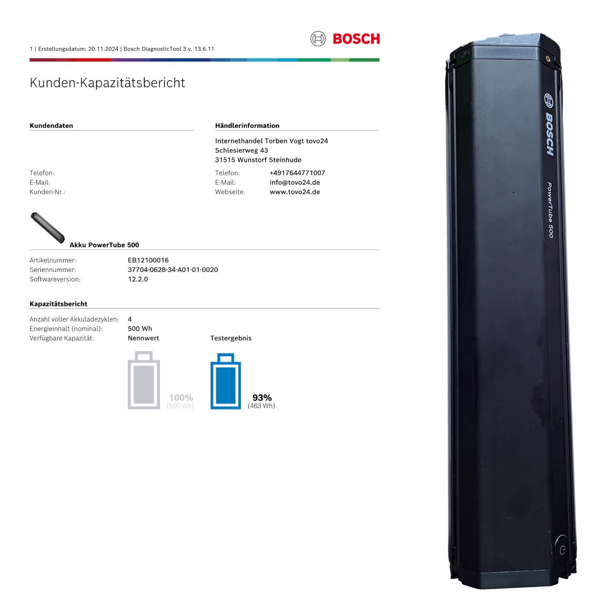 Bosch Powertube 500 - SMART SYSTEM - Energieinhalt (aktuell) 93% -  vertikal