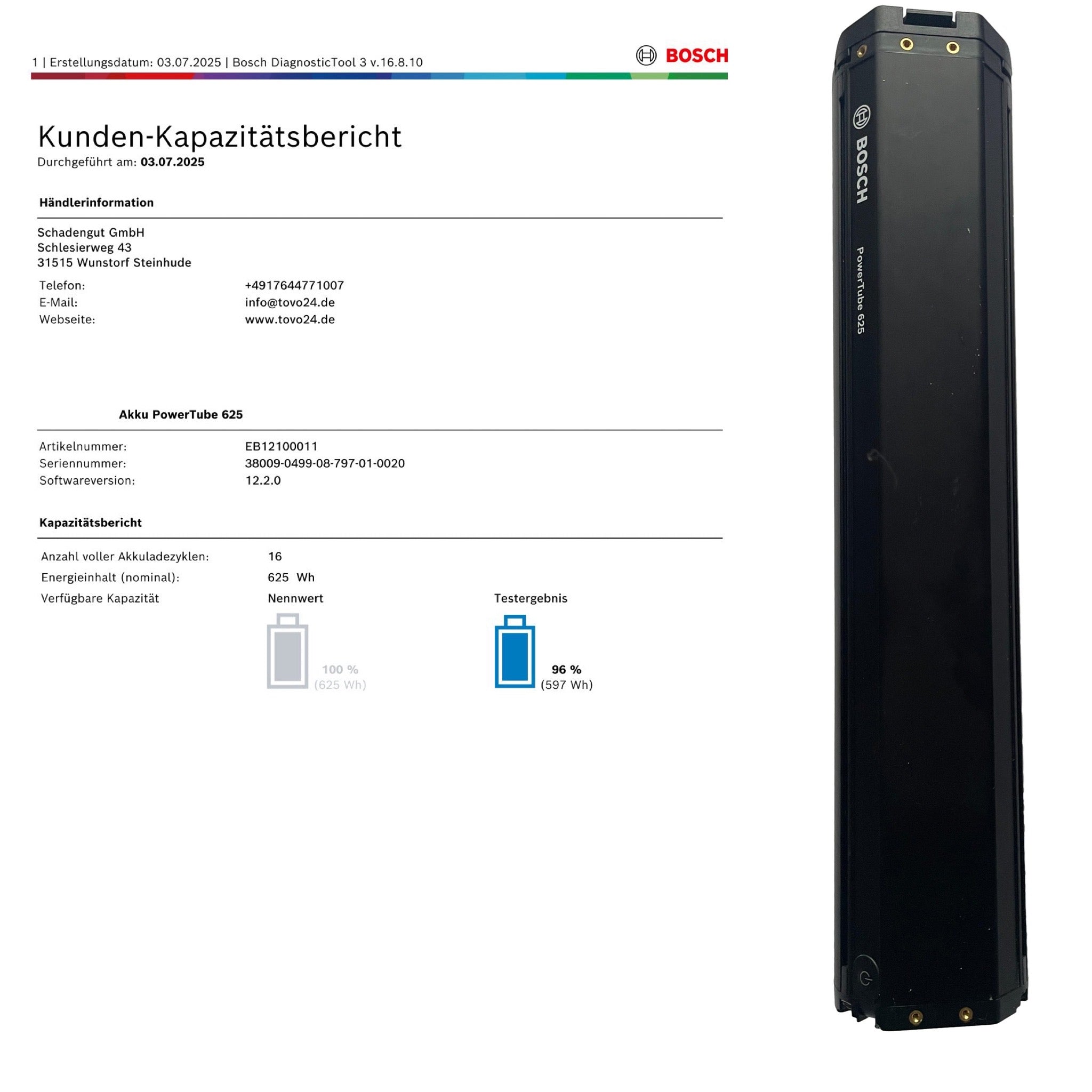 Bosch Powertube 625 - SMART SYSTEM - Energieinhalt (aktuell): 96% -  horizontal