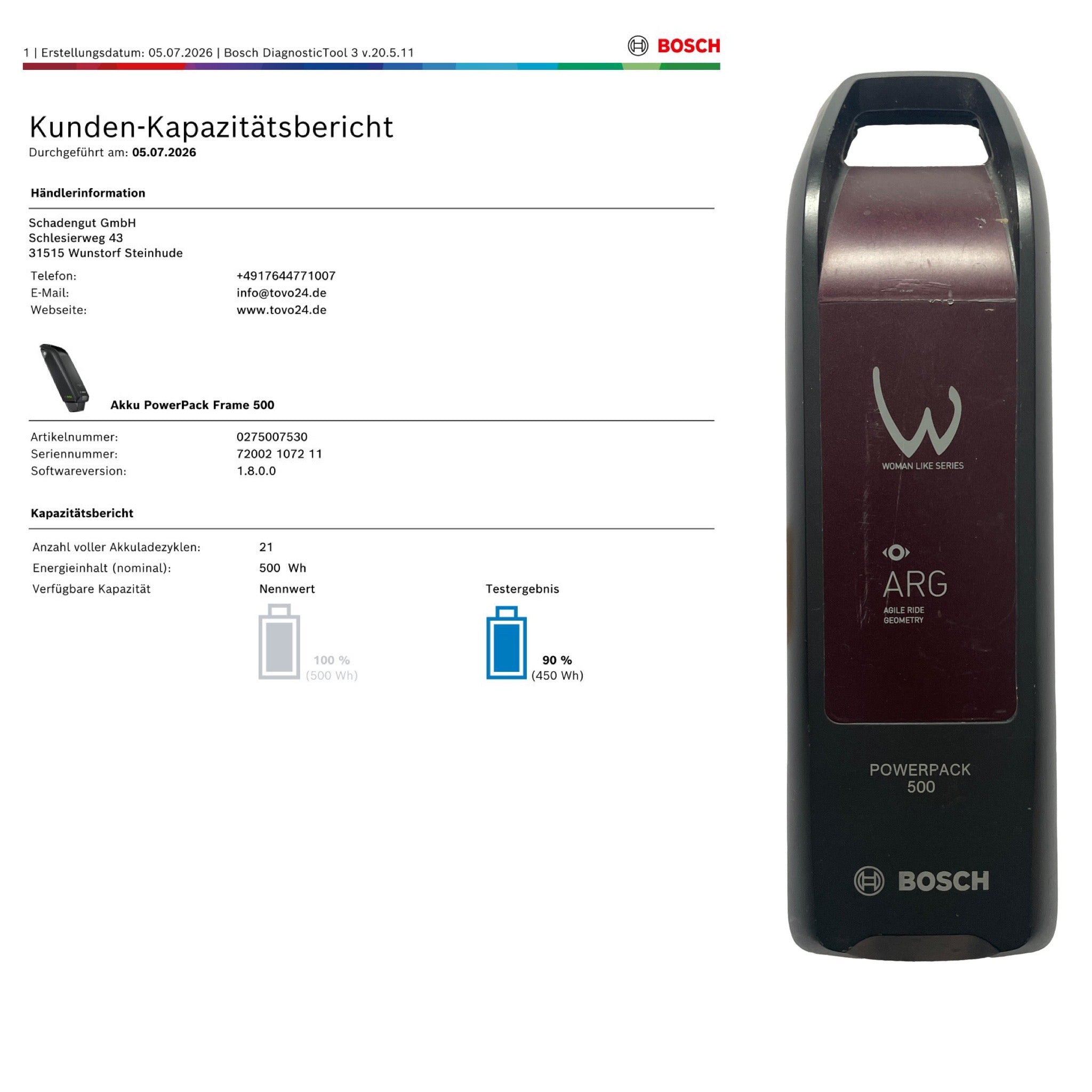 Bosch Powerpack 500 Rahmenakku zum Aufstecken - Energieinhalt (aktuell) 90% mit Bosch Prüfbericht