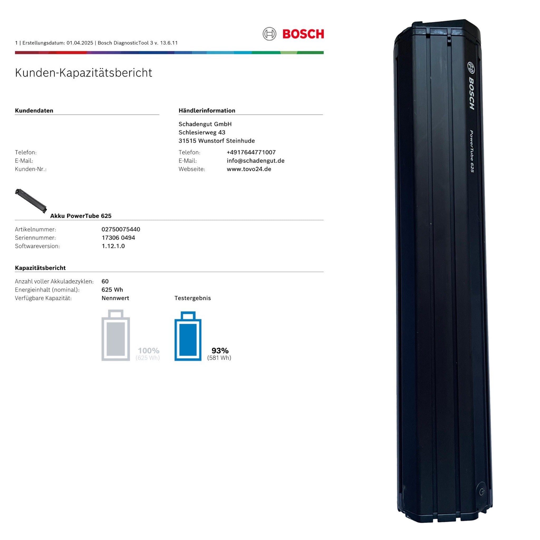 Bosch Powertube 625 - Energieinhalt (aktuell) 93% -  vertikal