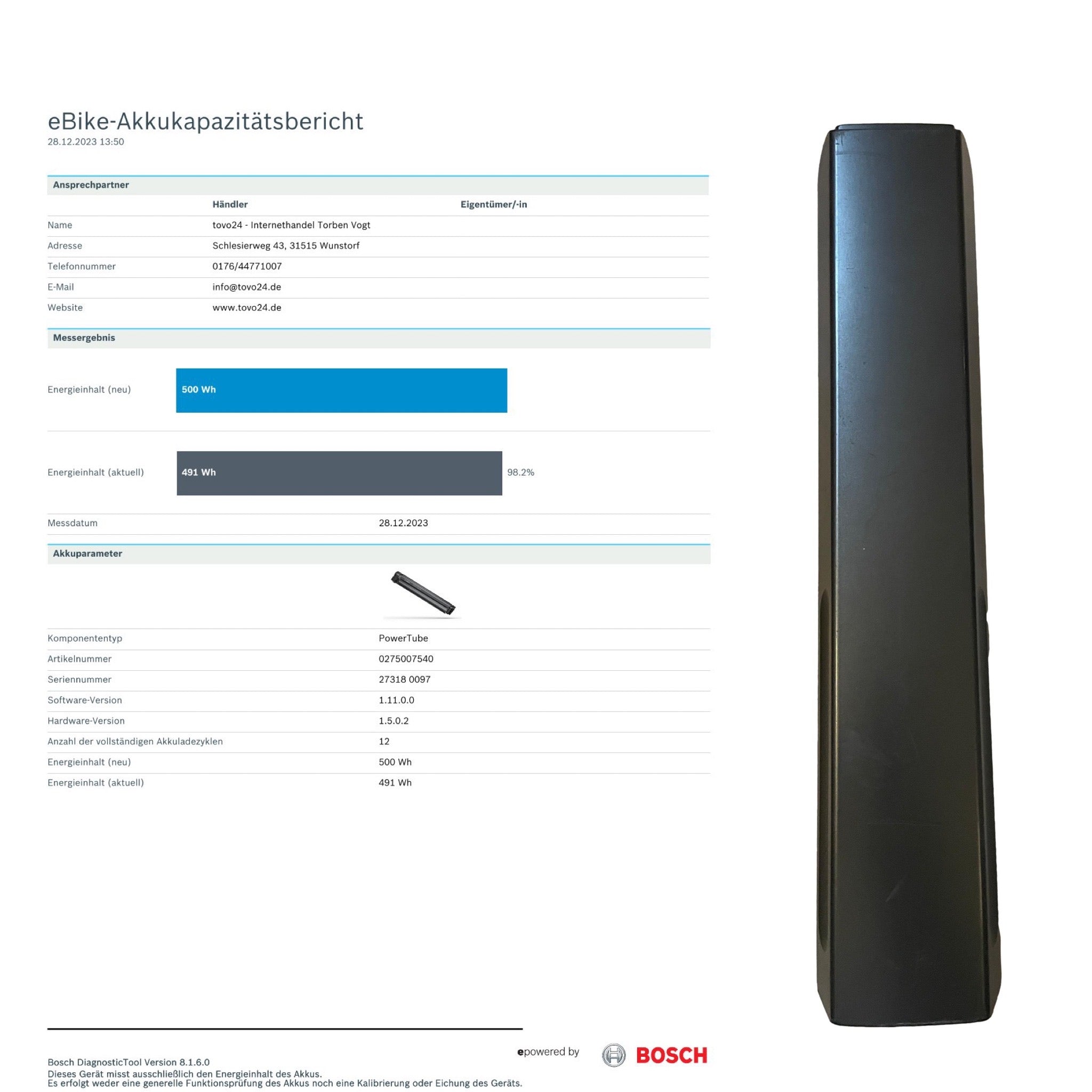 Bosch Powertube 500 - Energieinhalt (aktuell) 98,2% - vertikal