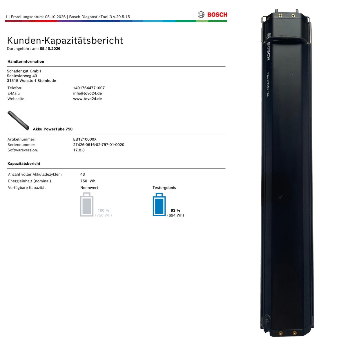 Bosch Powertube 750 - SMART SYSTEM - Energieinhalt (aktuell): 93% -  horizontal - gebraucht
