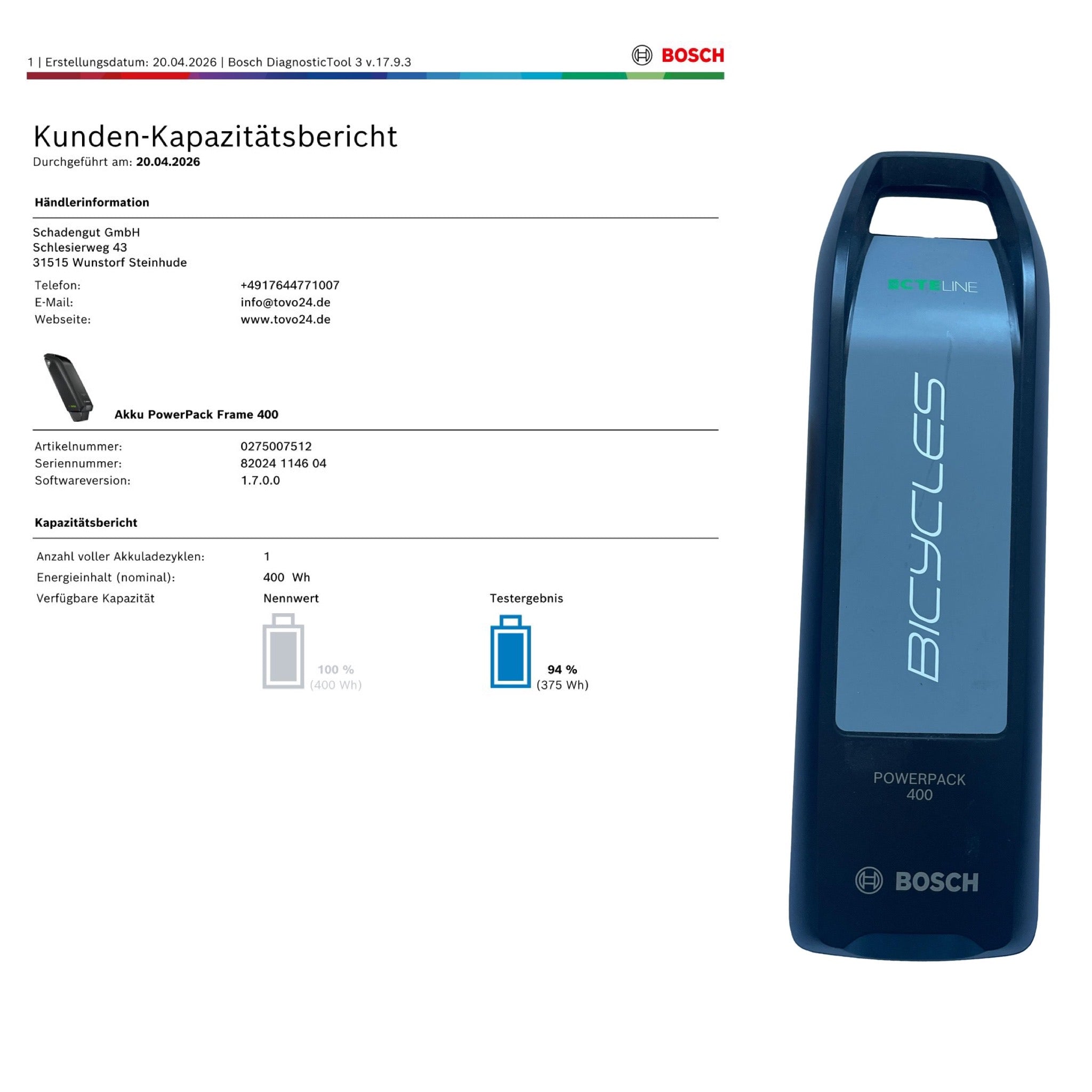 Bosch Powerpack 400 Rahmenakku - Energieinhalt (aktuell) 94%