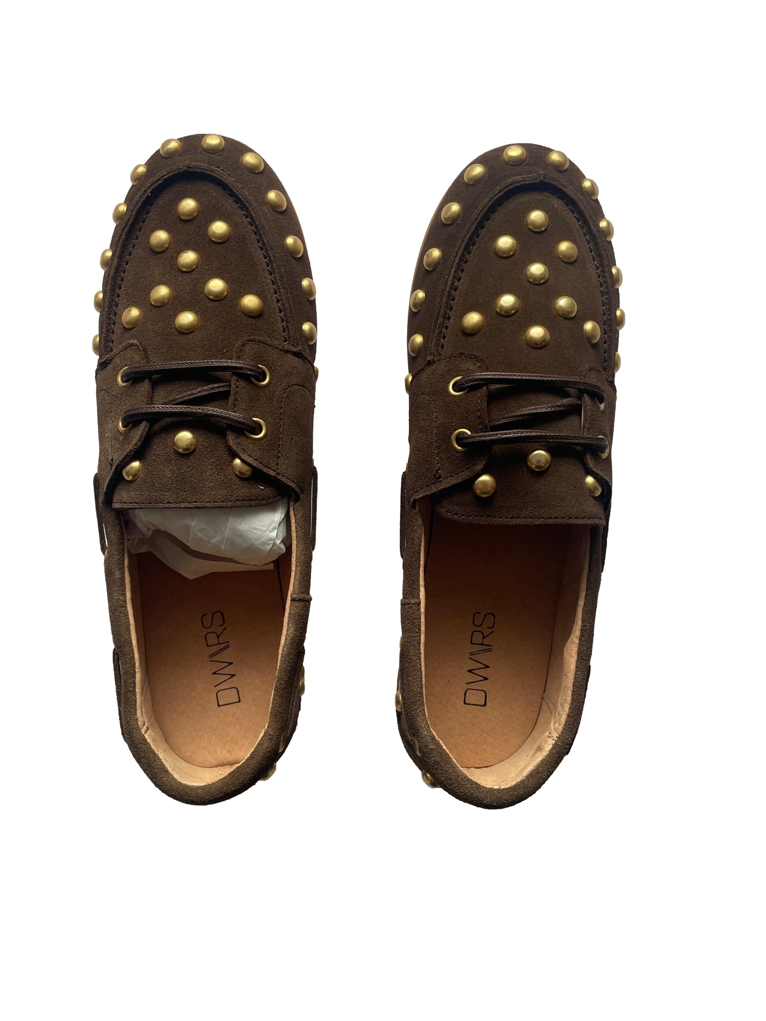 DWRS LATTY big studs Damen Sneaker Größe 39, Dark Brown mit Messing Nieten - NEU