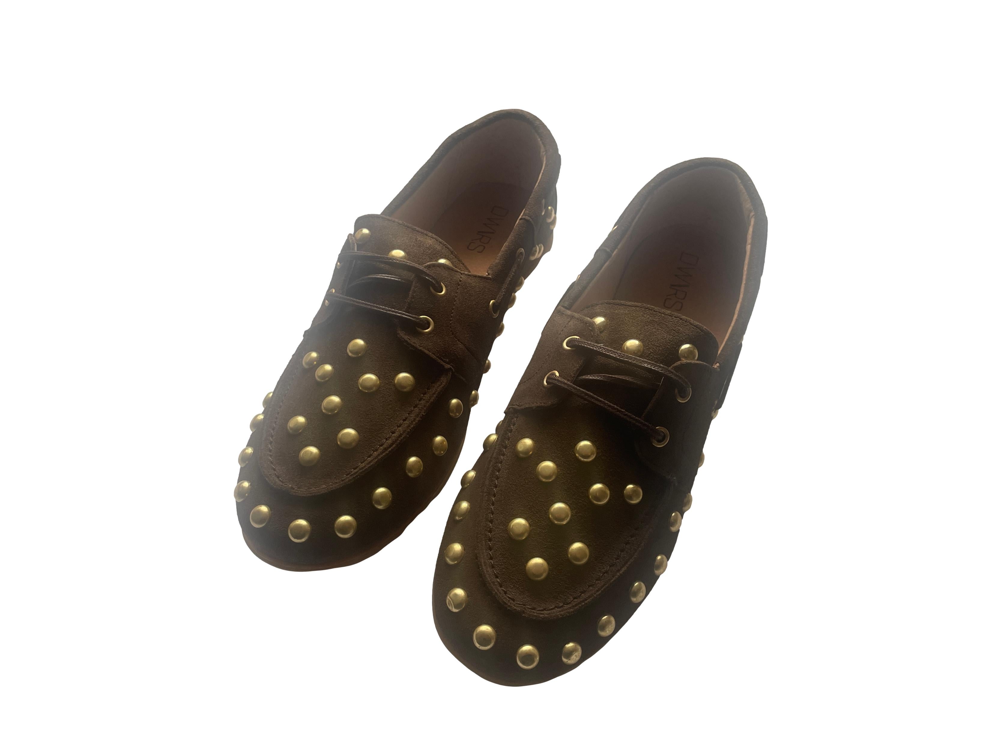 DWRS LATTY big studs Damen Mokkasins Größe 39 / 40, Dark Brown mit Messing Nieten - NEU