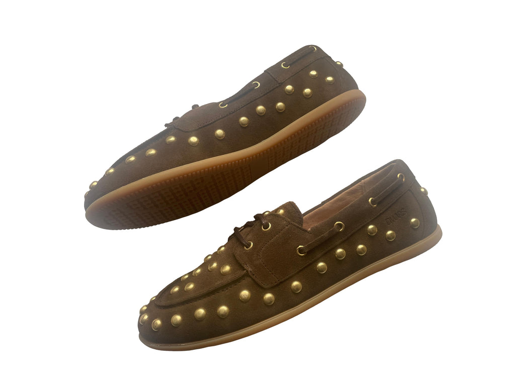 DWRS LATTY big studs Damen Mokkasins Größe 39 / 40, Dark Brown mit Messing Nieten - NEU