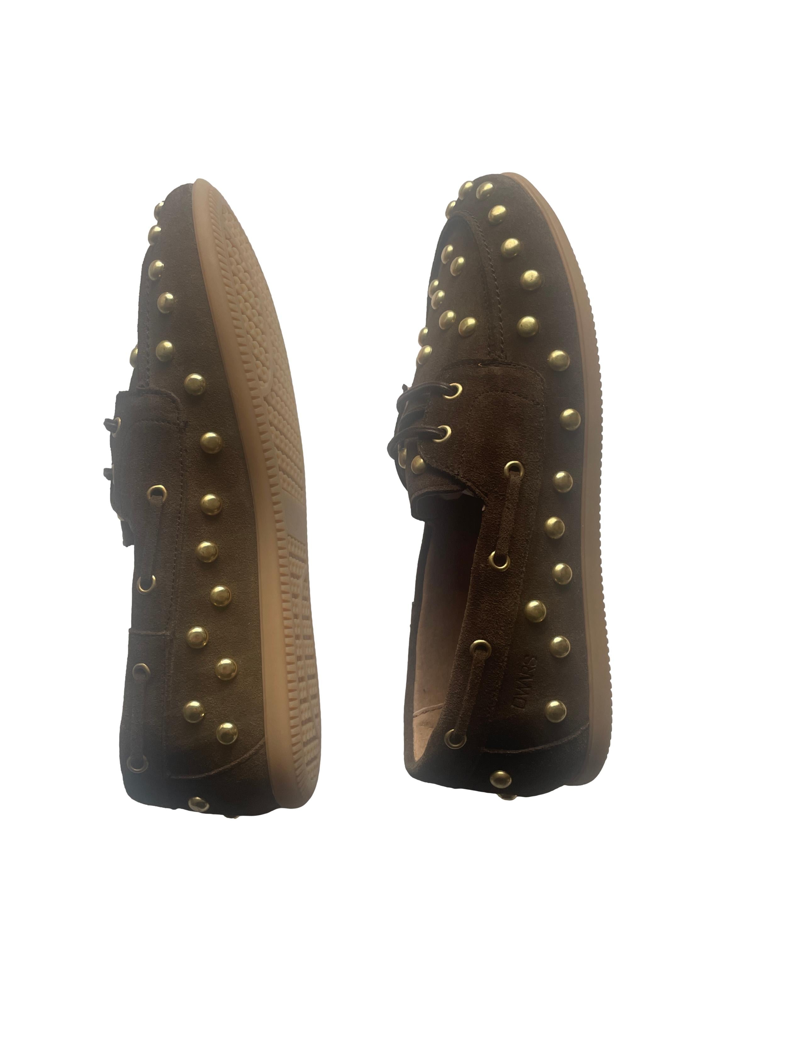 DWRS LATTY big studs Damen Mokkasins Größe 39 / 40, Dark Brown mit Messing Nieten - NEU