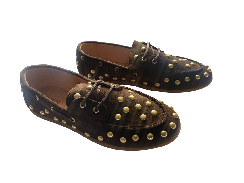 DWRS LATTY big studs Damen Mokkasins Größe 39 / 40, Dark Brown mit Messing Nieten - NEU