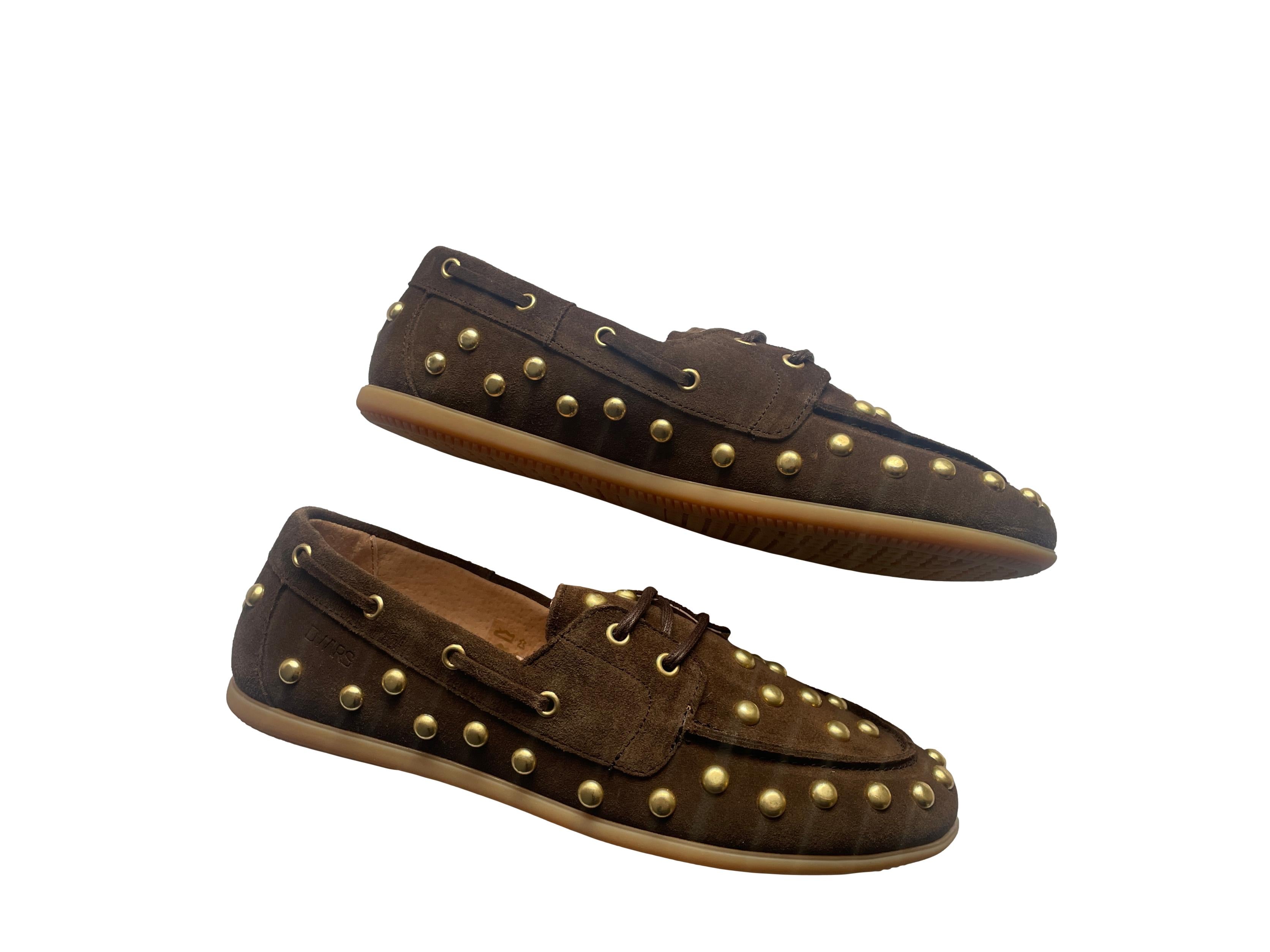 DWRS LATTY big studs Damen Mokkasins Größe 39 / 40, Dark Brown mit Messing Nieten - NEU