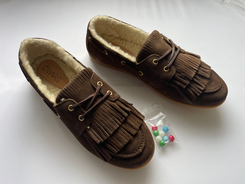 DWRS LATTY fringes teddy Damen Mokkasins Größe 39 / 40, Dark Brown - NEU