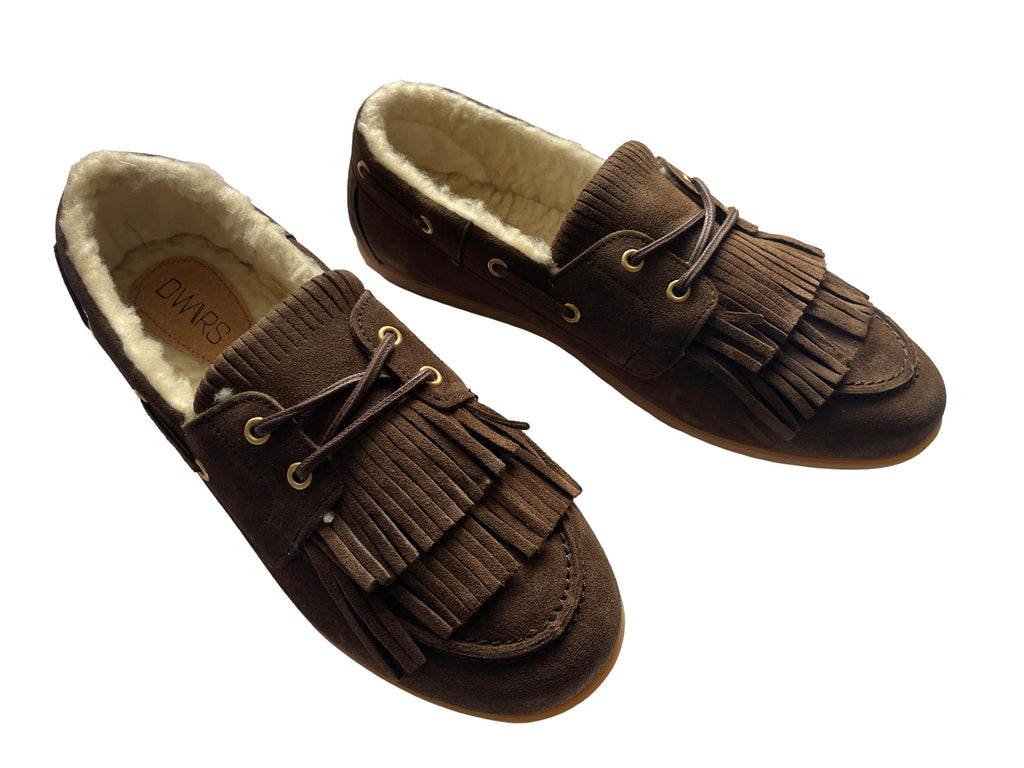 DWRS LATTY fringes teddy Damen Mokkasins Größe 39 / 40, Dark Brown - NEU