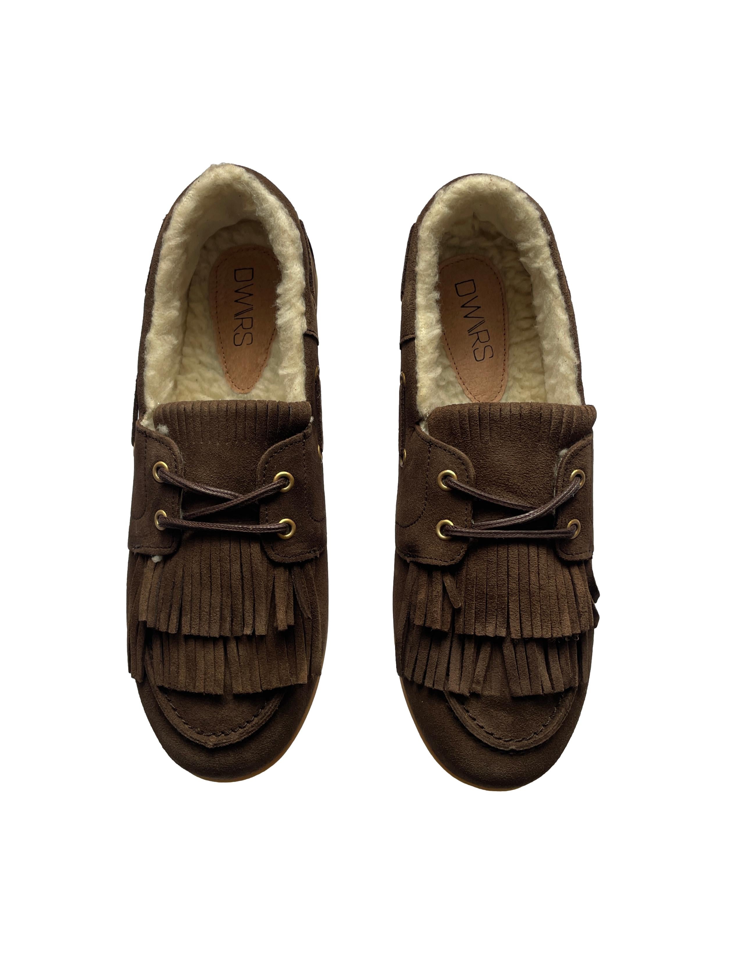 DWRS LATTY fringes teddy Damen Mokkasins Größe 39 / 40, Dark Brown - NEU